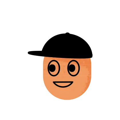 personnage orange qui regarde sur le côté qui sourit avec une casquette