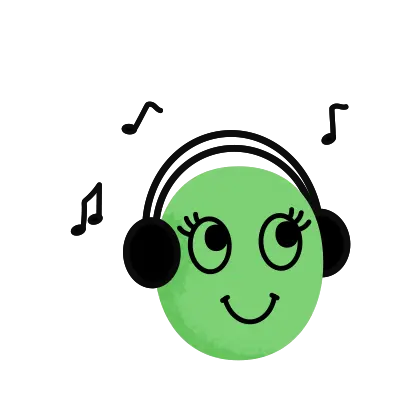 personange vert souriant qui écoute de la musique